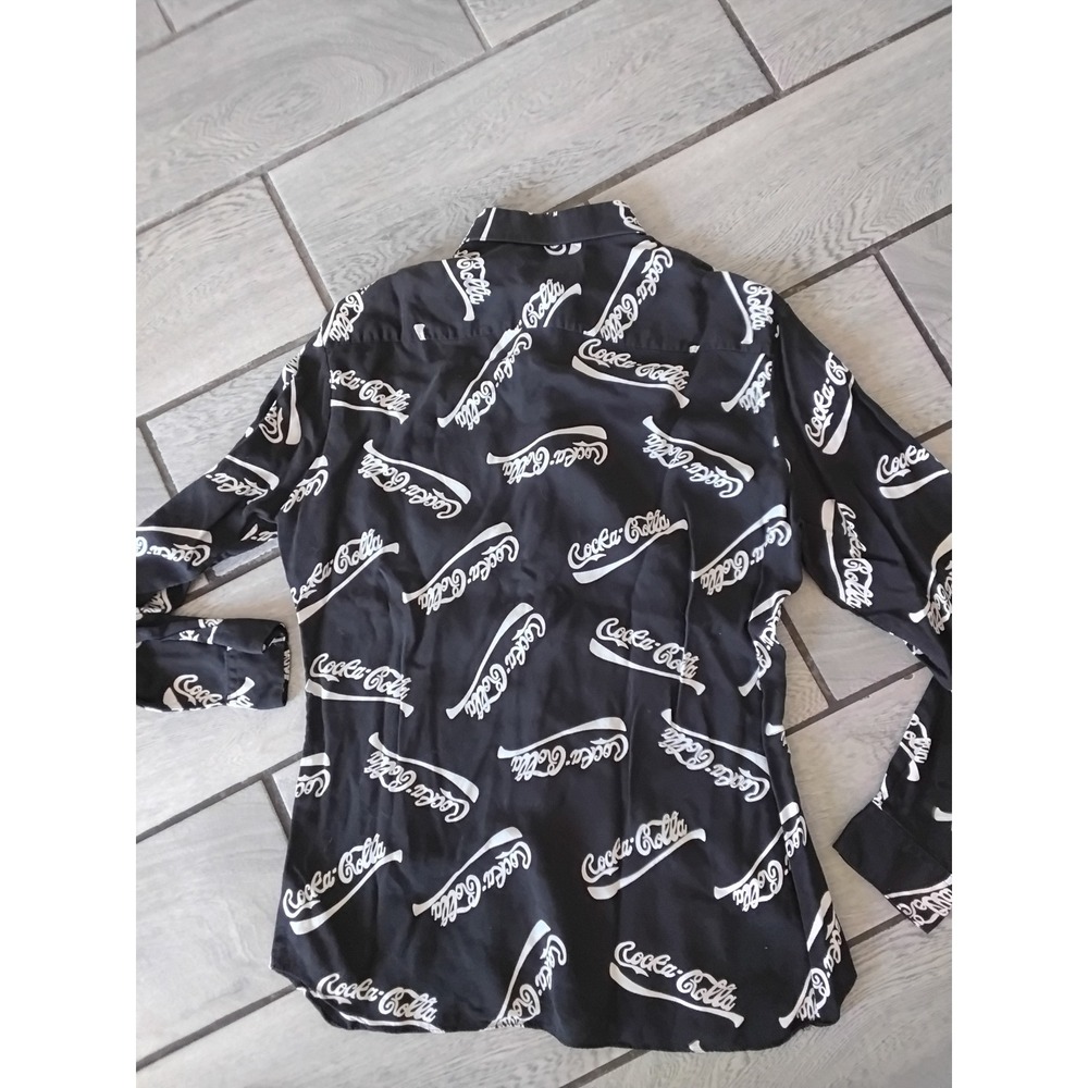 Vintage Loren Scott Coca-Cola Logo Print Shirt Black Rayon Button Down Mens L - Picture 5 of 5